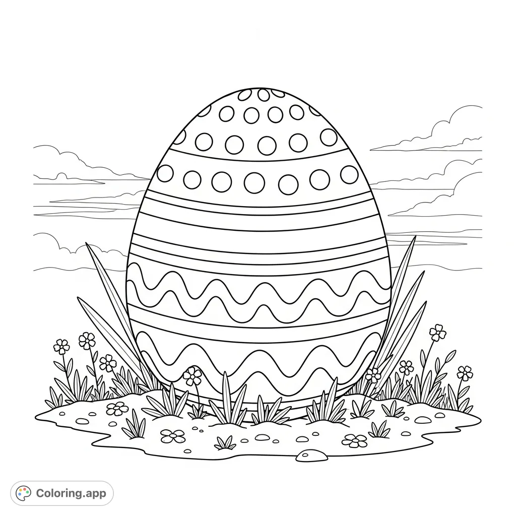 A cheerful, large Easter egg with easy-to-color dots, stripes, and other simple patterns, perfect for little hands to bring to life for spring.