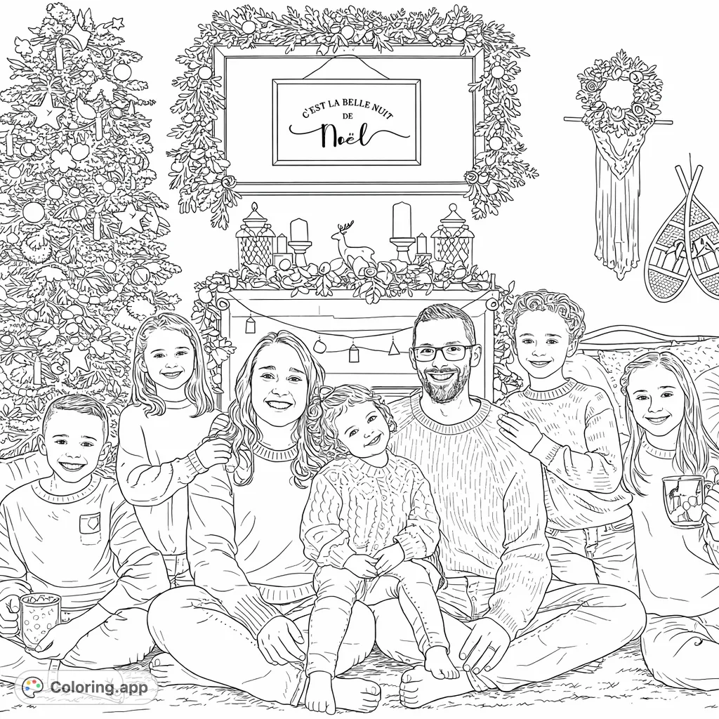Capture the warmth of a family holiday with this festive scene. A loving family, including parents and five children, gathers in a beautifully decorated room.