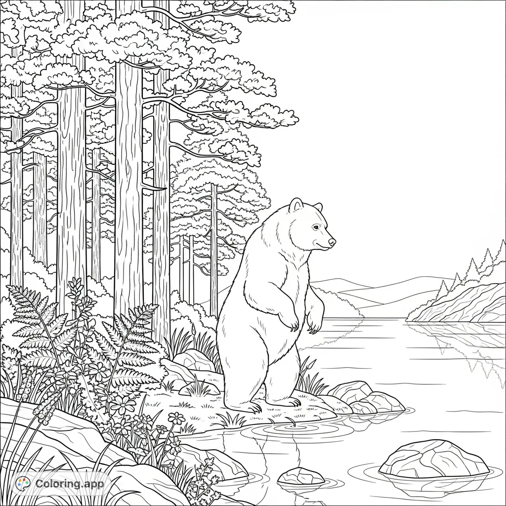 Explore a serene forest scene featuring a majestic bear by a tranquil lake. This free printable bear coloring page offers calming nature details for all ages.