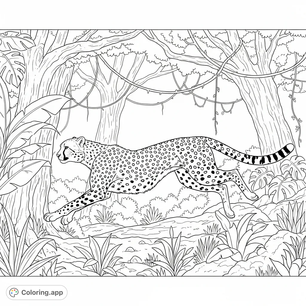 Capture the raw power of a cheetah running through a dense jungle. A dynamic scene filled with intricate foliage and a magnificent wild feline.