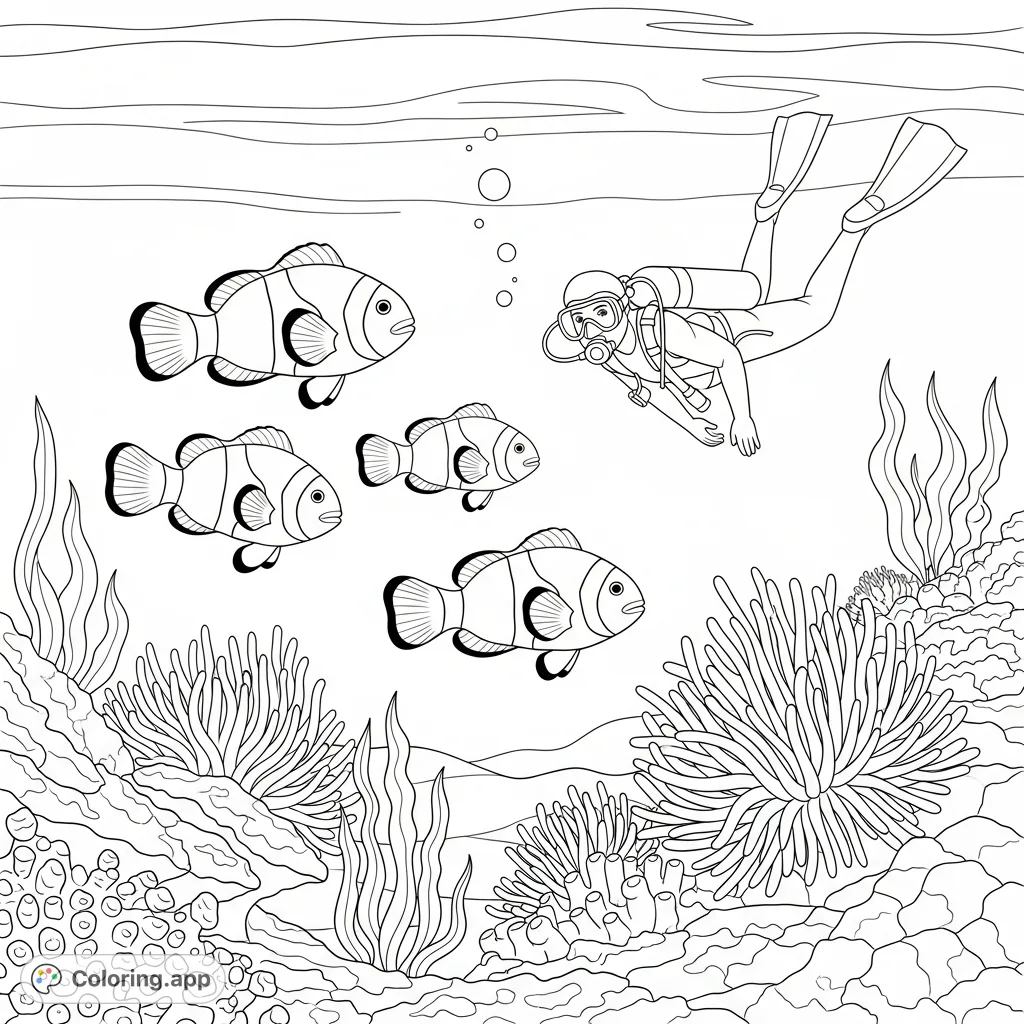 Dive into an exciting underwater scene with four charming clownfish exploring a coral reef, watched by a curious scuba diver. A delightful ocean adventure awaits!