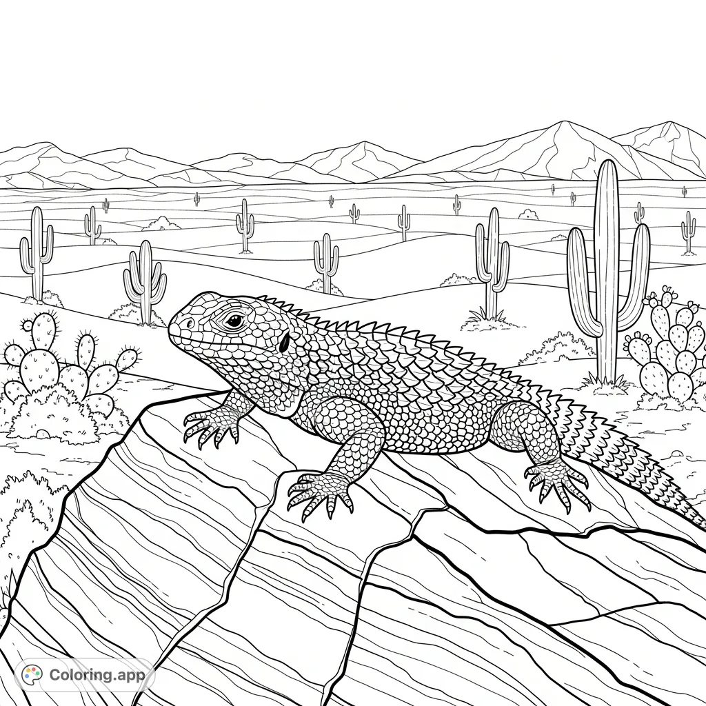 Discover a majestic lizard perched on a textured rock in the expansive desert. This detailed coloring page invites you to bring the wild landscape to life.