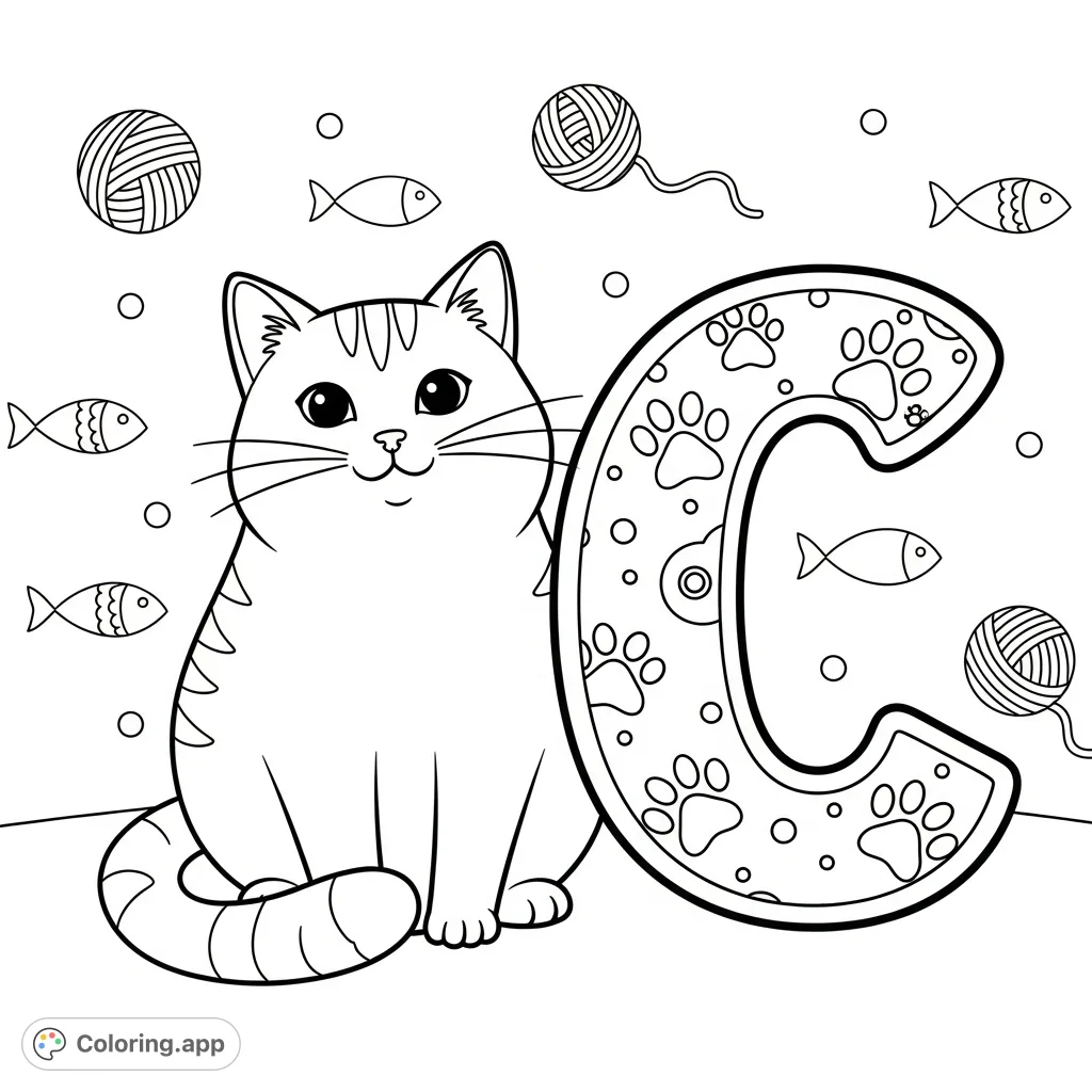A delightful cat alongside a decorative letter 'C', surrounded by playful elements like yarn and fish. Perfect for learning and creative fun.