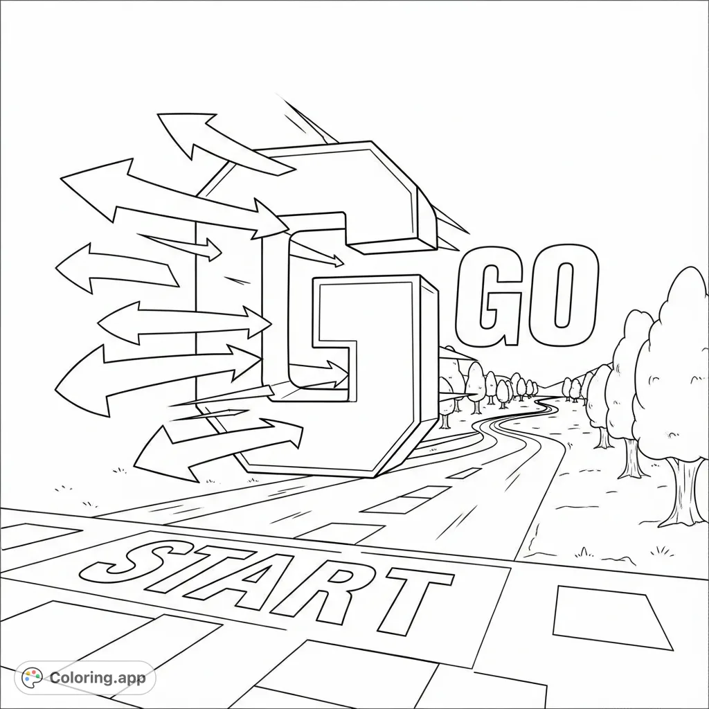 An engaging "G is for go" alphabet coloring page featuring a dynamic letter G, a checkered starting line, and movement arrows. Perfect for learning and fun!