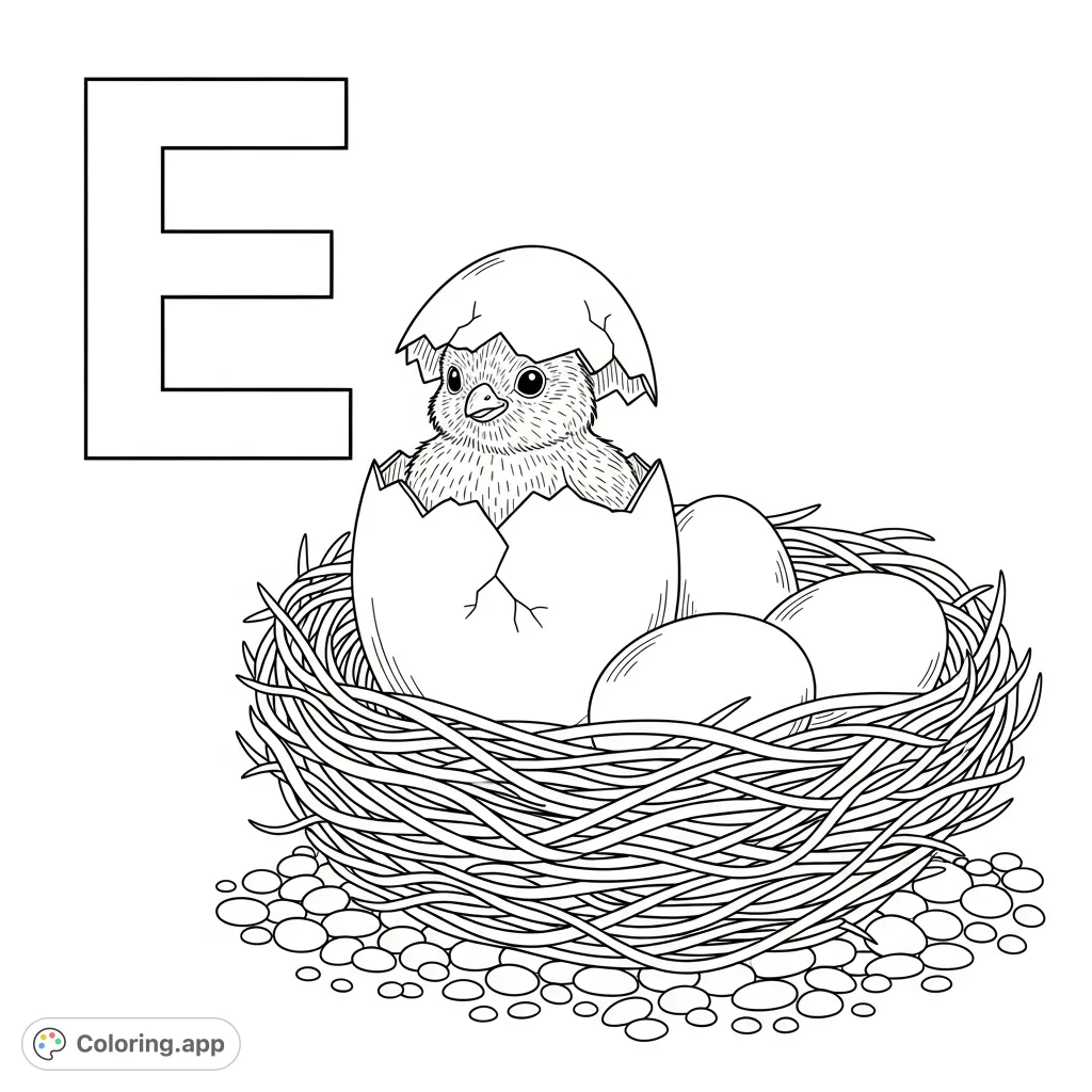 Discover this charming "E is for Egg" coloring page featuring a hatching chick, a cozy nest, and the uppercase letter 'E'. A free printable educational delight!