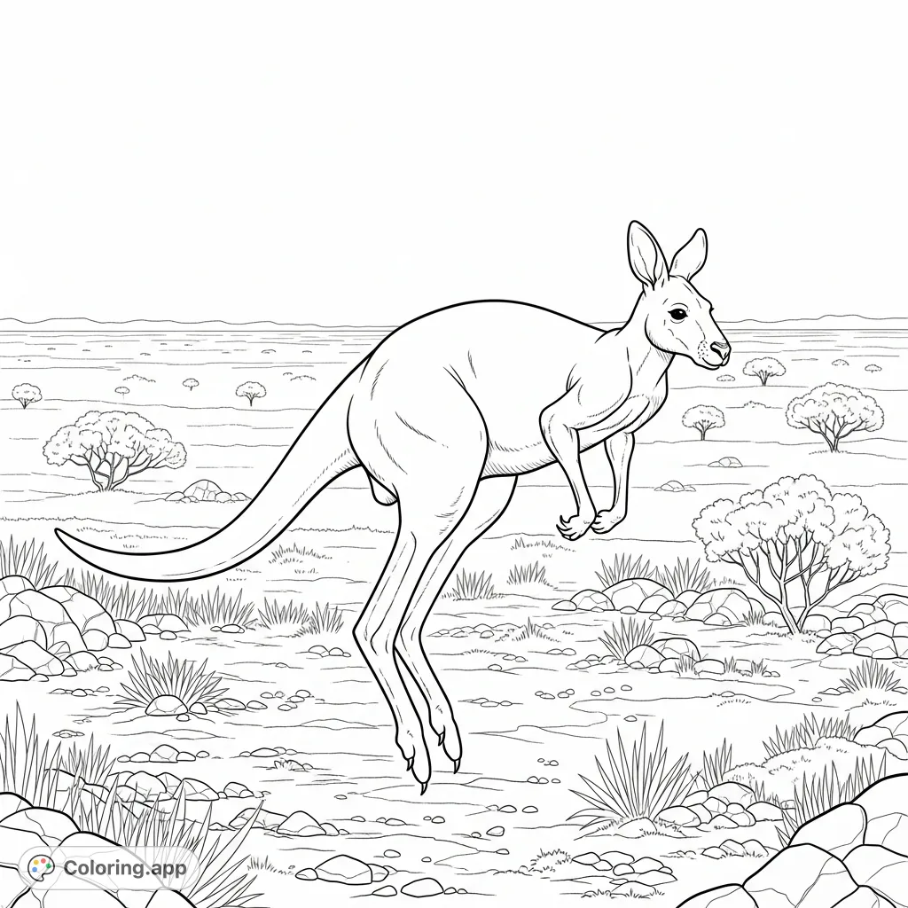 Capture the essence of the Australian outback with a dynamic kangaroo mid-hop. A free printable coloring page perfect for nature enthusiasts of all ages.