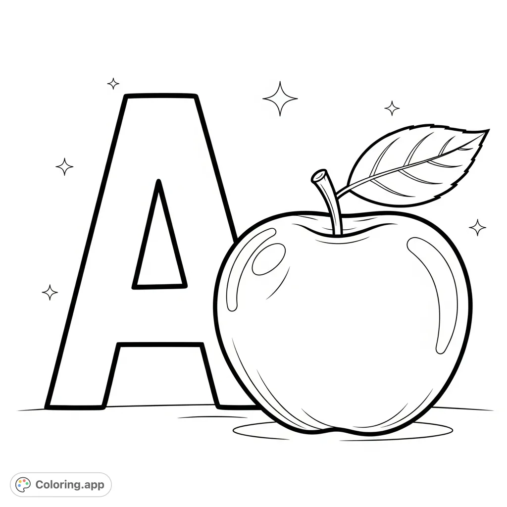 An educational alphabet coloring page featuring a bold capital 'A' alongside a perfectly shaped apple. Ideal for young learners and free printable fun!
