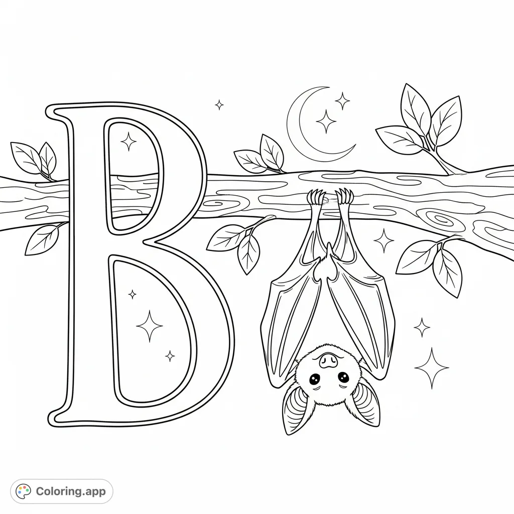 Discover the 'B is for Bat' coloring page! Featuring a cheerful bat alongside the letter 'B' and simple nocturnal elements, perfect for learning and fun.