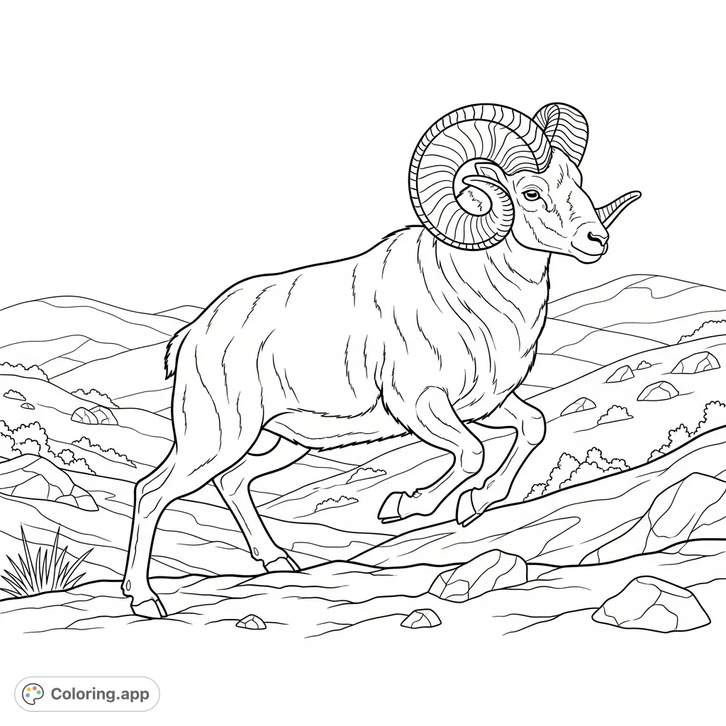 A majestic ram charges across rugged terrain, its powerful form and impressive curling horns captured in dynamic motion. A thrilling nature scene for all ages.
