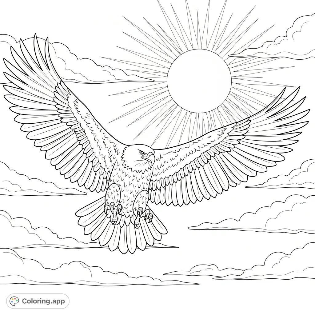 A powerful eagle with widespread wings soars majestically against a radiant sun and wispy clouds. A nature-themed coloring page for all ages.