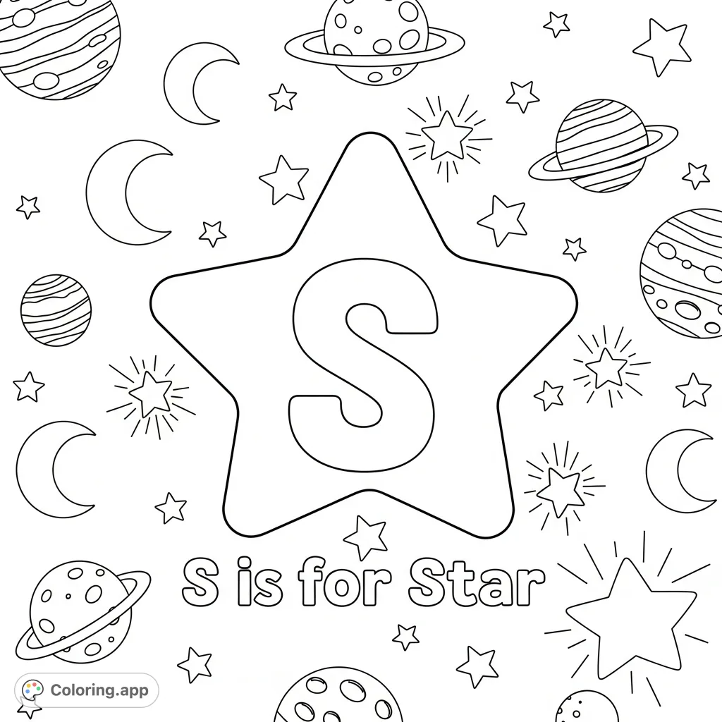 Explore the cosmos with this "S is for Star" coloring page! Featuring a cheerful star, the letter S, and a whimsical space scene perfect for learning and fun.