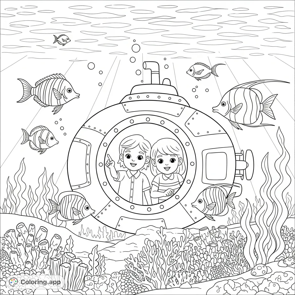 Dive into an underwater adventure! Two children explore ocean depths in a submarine, surrounded by fascinating marine life. A delightful undersea journey awaits your colors.