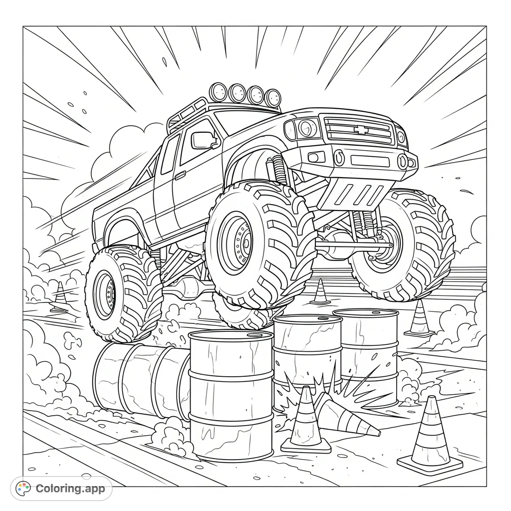 Unleash your creativity with this monster truck coloring page! Featuring an aggressive truck mid-flight over obstacles with dynamic motion lines. Perfect for enthusiasts!