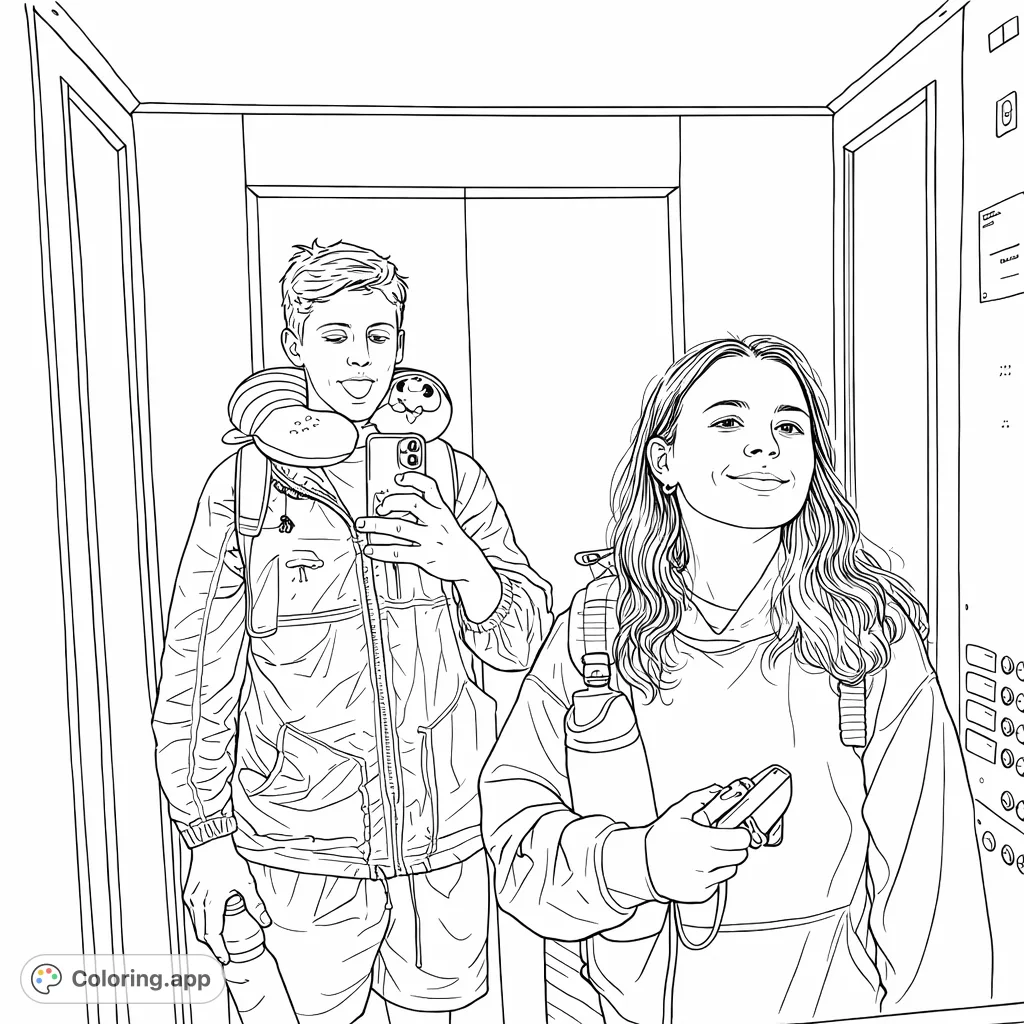 Capture a fun moment with two friends in an elevator, complete with a quirky neck pillow and reflective surfaces. A modern scene perfect for creative expression.