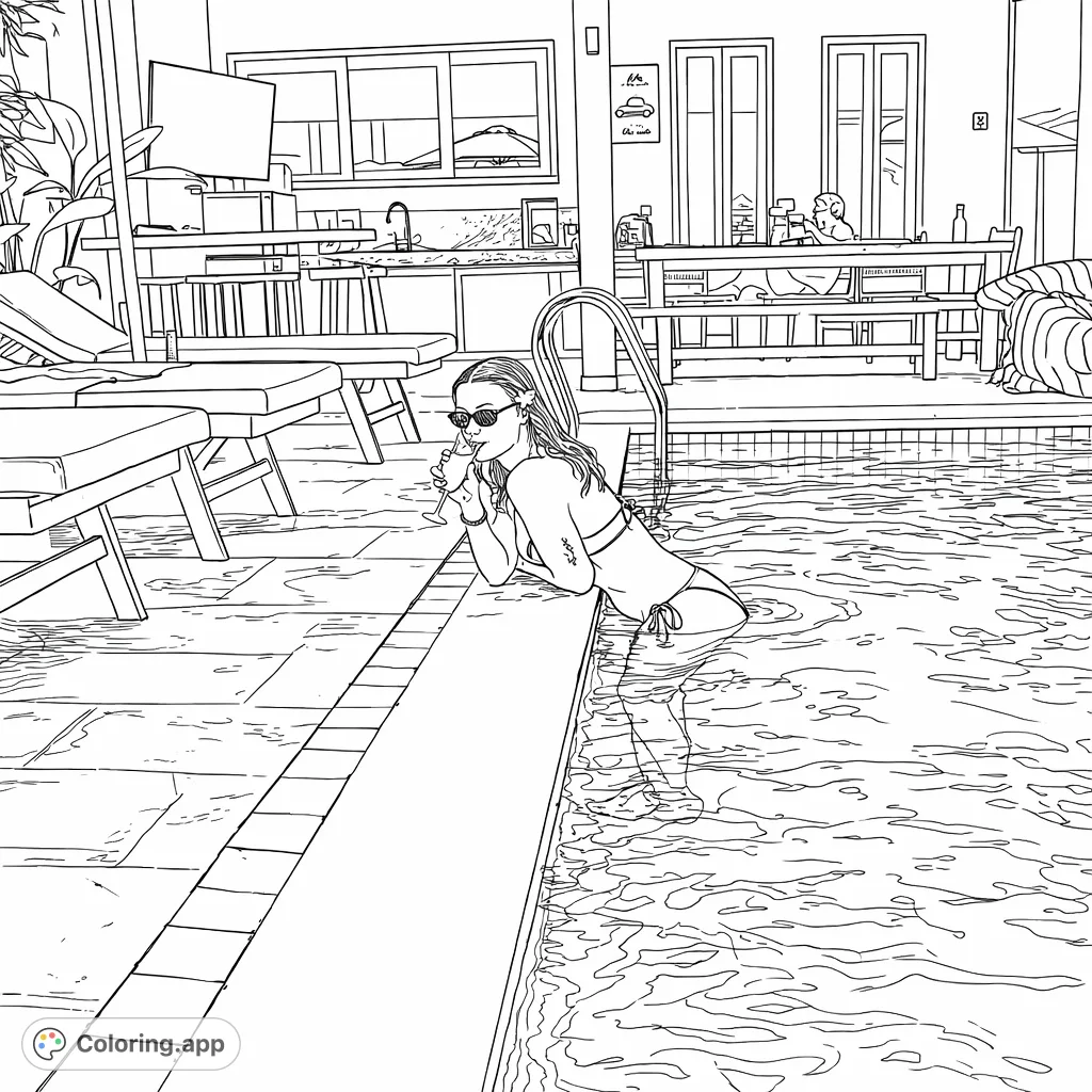 Relax by the pool with this detailed coloring page, featuring a woman enjoying a refreshing drink in a serene outdoor resort setting. Perfect for unwinding.