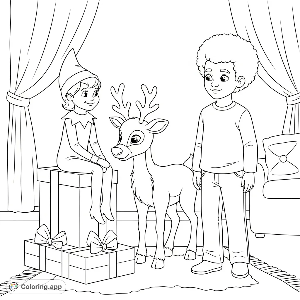 A charming free printable Elf on the Shelf coloring page features an elf, her reindeer pal, and a joyful boy with a curly Afro in a cozy room.