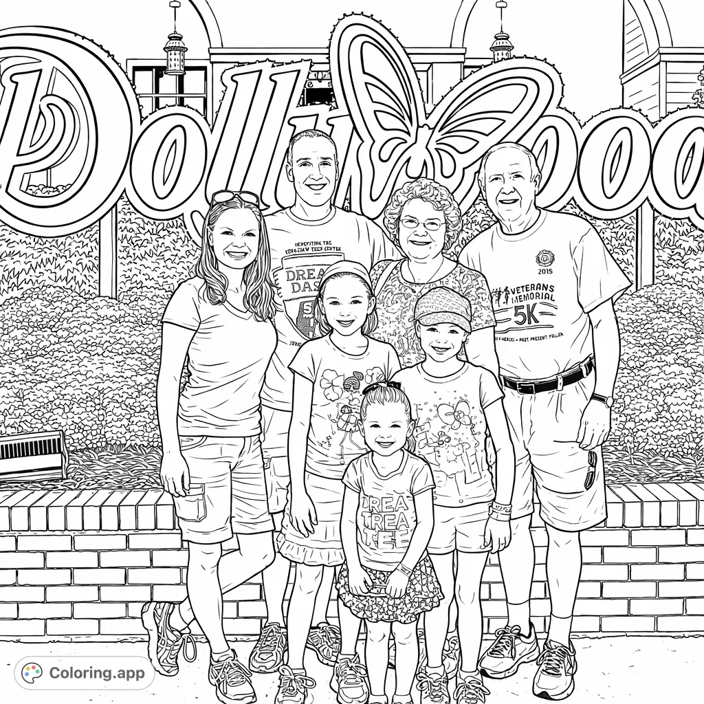 A joyous family portrait featuring three generations in front of a grand theme park sign adorned with a butterfly, surrounded by vibrant flora. Perfect for family-themed fun!