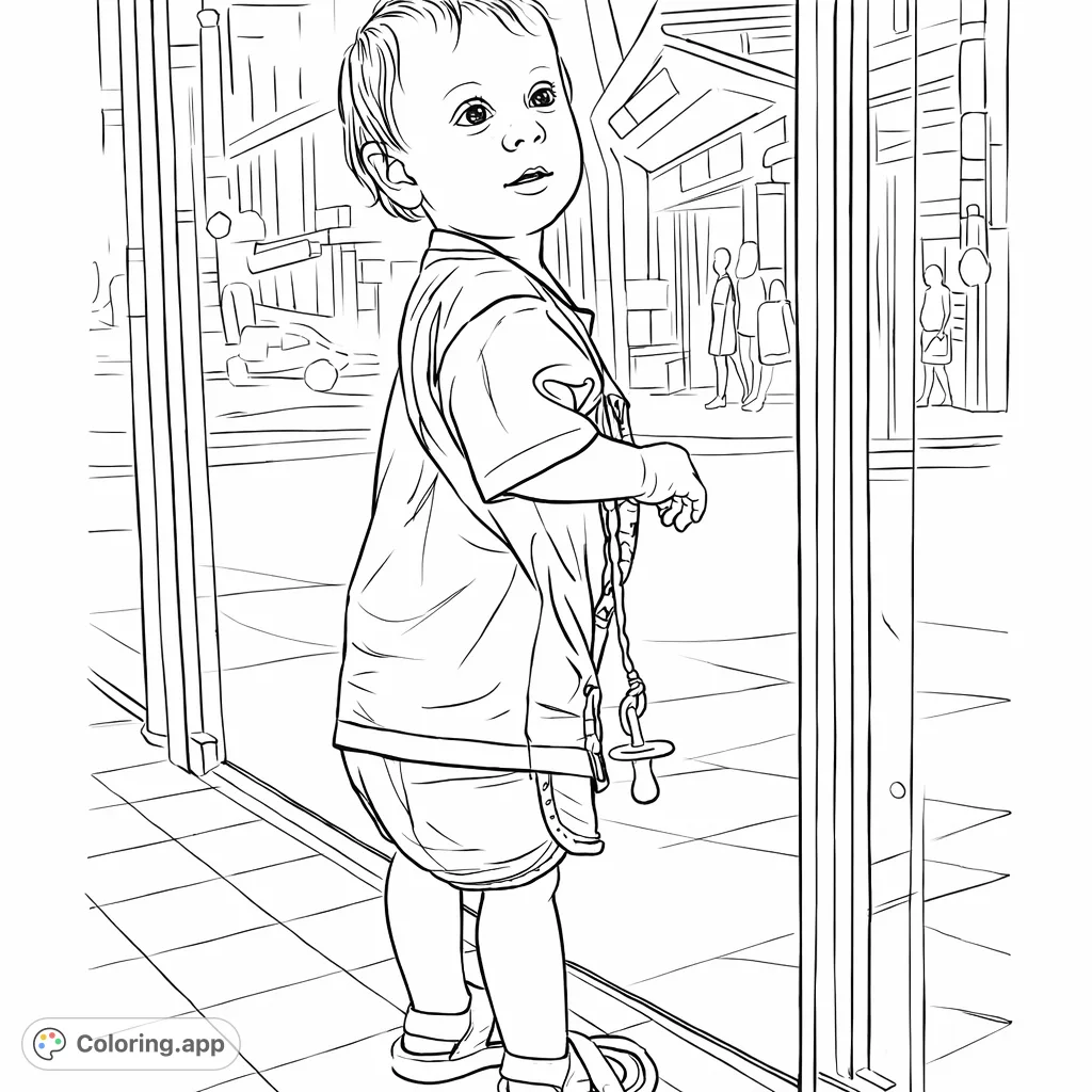 A sweet coloring page featuring a curious toddler gazing at a reflective surface. Perfect for inspiring imagination and practicing fine motor skills.
