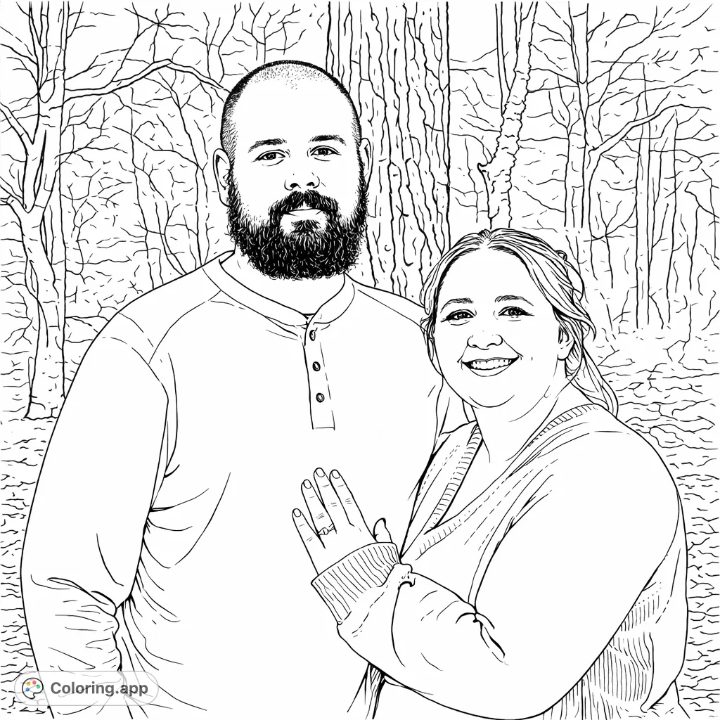 Capture a tender moment with this couple portrait coloring page, perfect for expressing affection and creating personalized art. Features two individuals in a woodland setting.