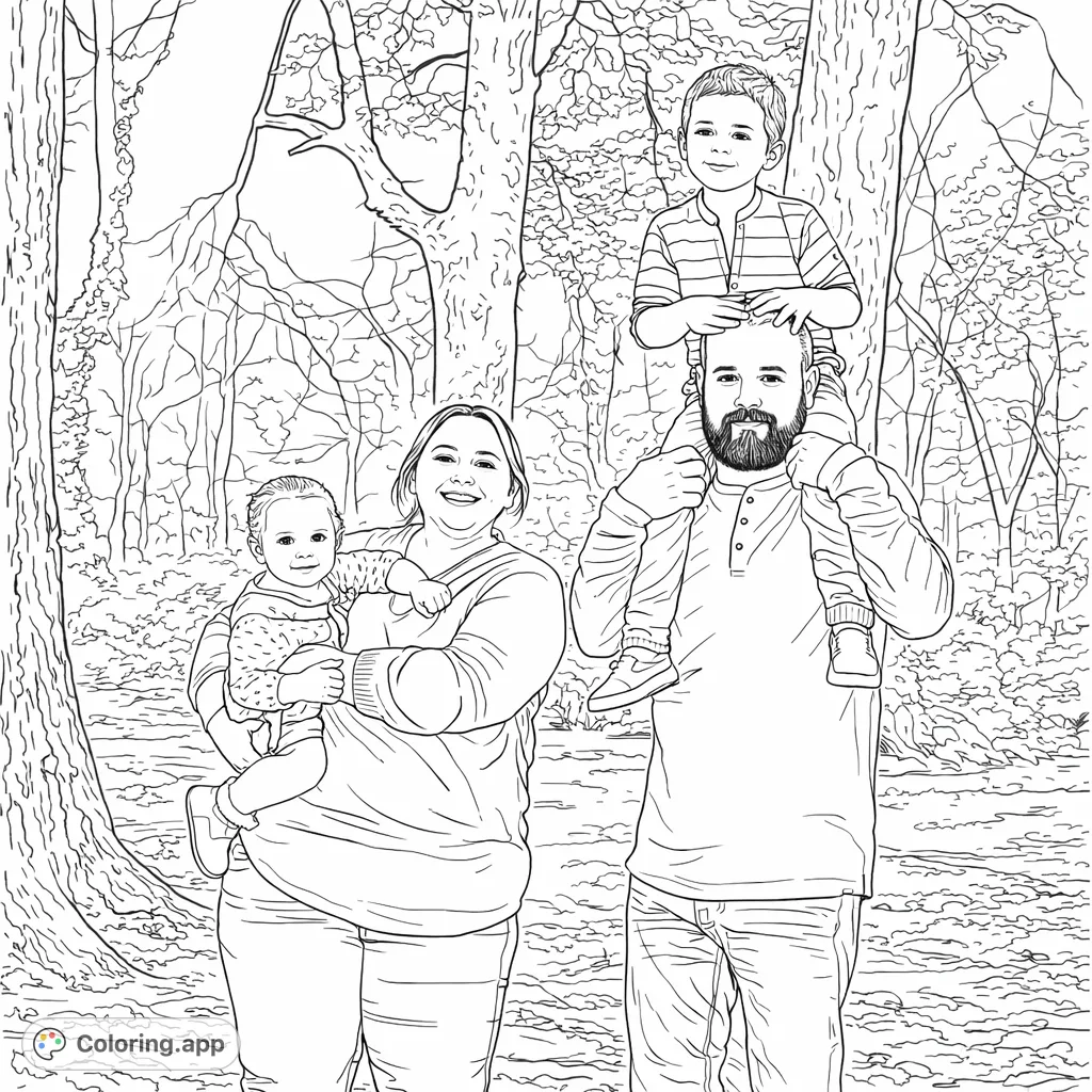 Capture a heartwarming family moment in a woodland setting. A cheerful family of four, including two children, smiles among the trees.