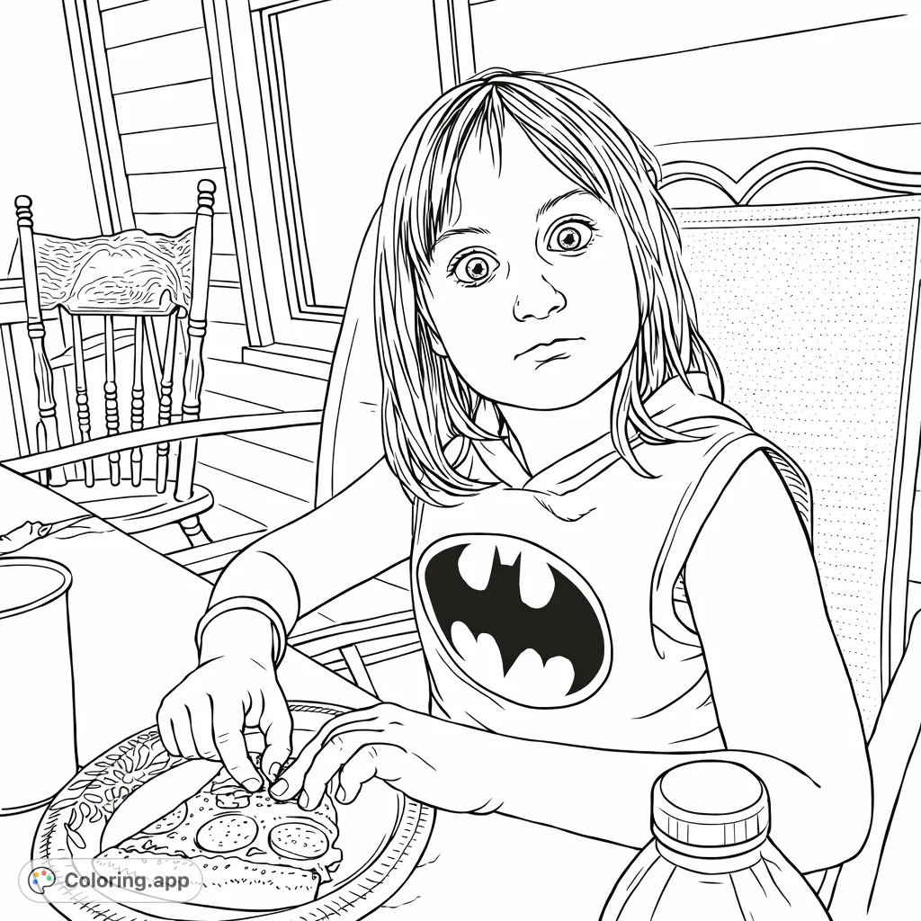 A charming coloring page featuring a child with a bat emblem shirt enjoying a pizza meal. Detailed background elements make for an engaging and fun coloring experience.