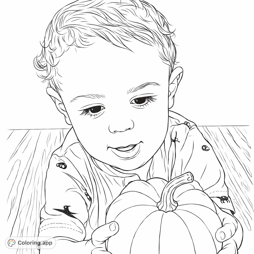 A heartwarming coloring page featuring a curious child gently holding a small pumpkin. Perfect for autumn, harvest, or simply celebrating innocent joy.