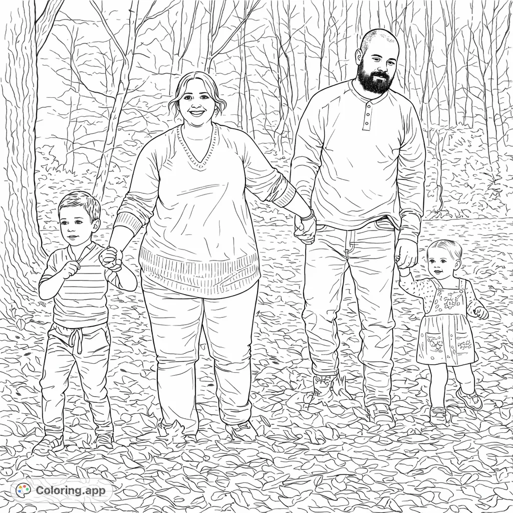 A heartwarming family of four enjoys a leisurely walk through a leafy woodland. Perfect for personalizing cherished family moments and capturing outdoor fun.