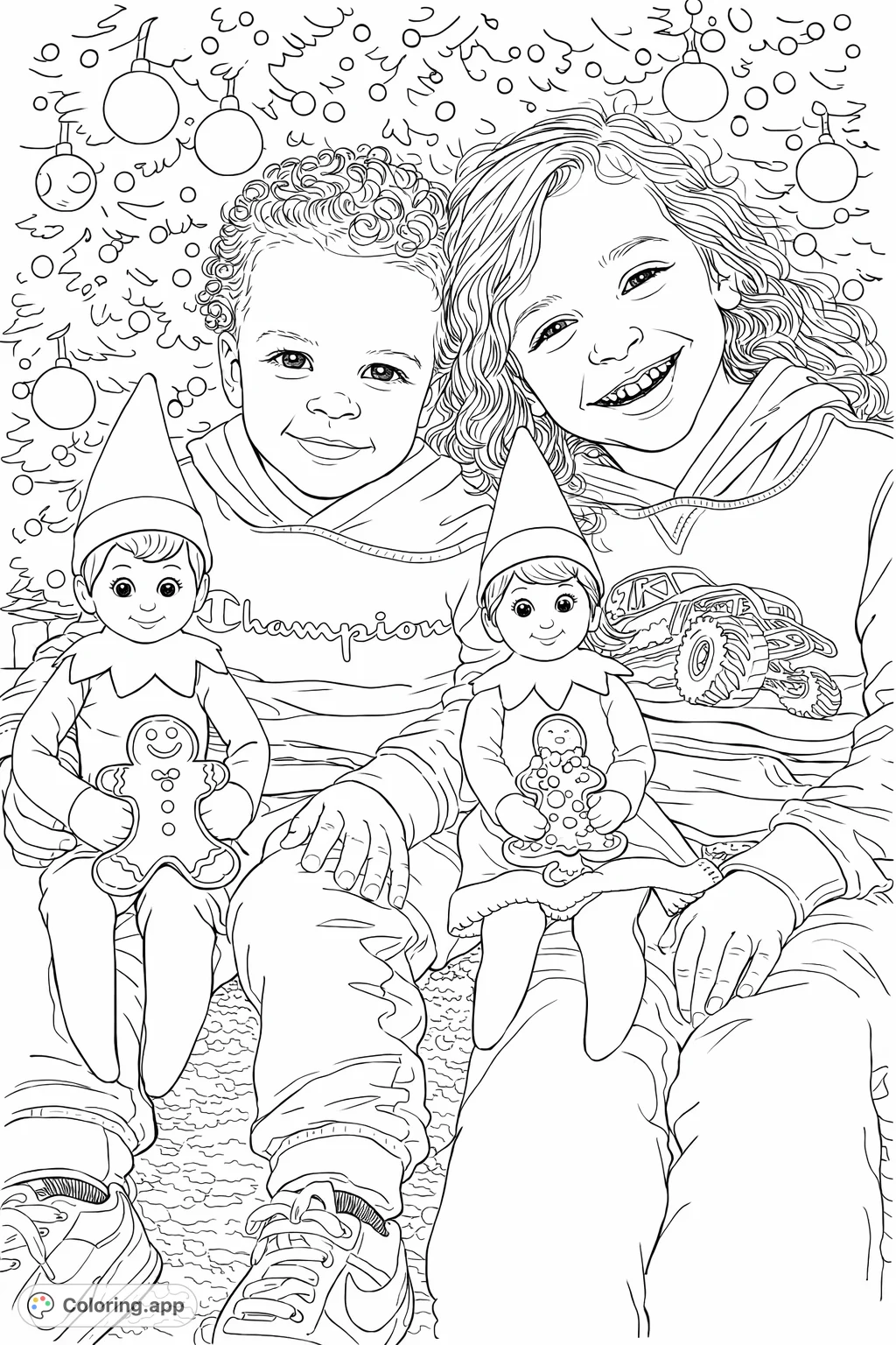 Two smiling children sit with festive elf dolls, each holding a detailed gingerbread cookie. A cheerful scene with a background of holiday decorations.