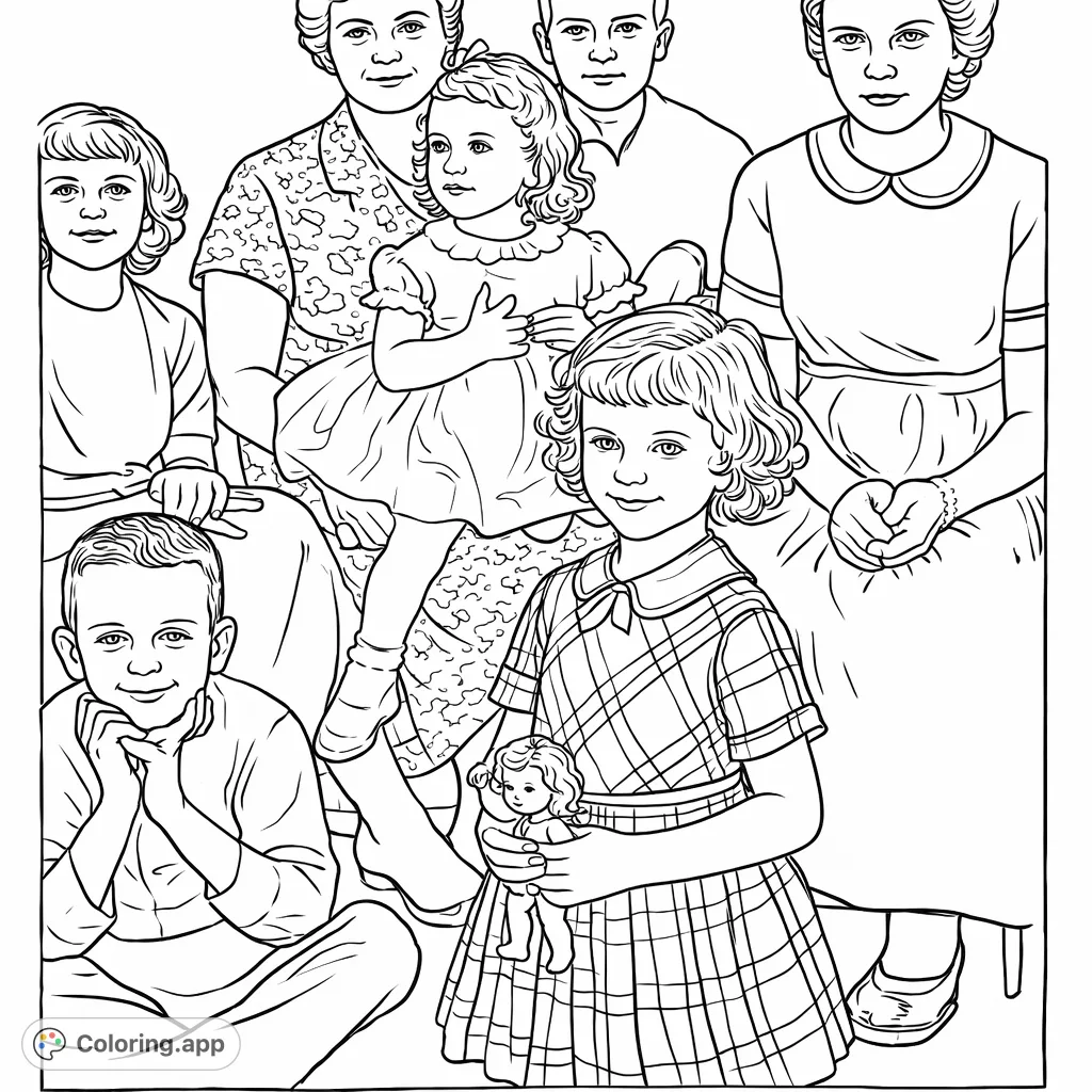 Capture a heartwarming multi-generational family portrait coloring page, featuring a girl with a doll, a boy, and five other family members.
