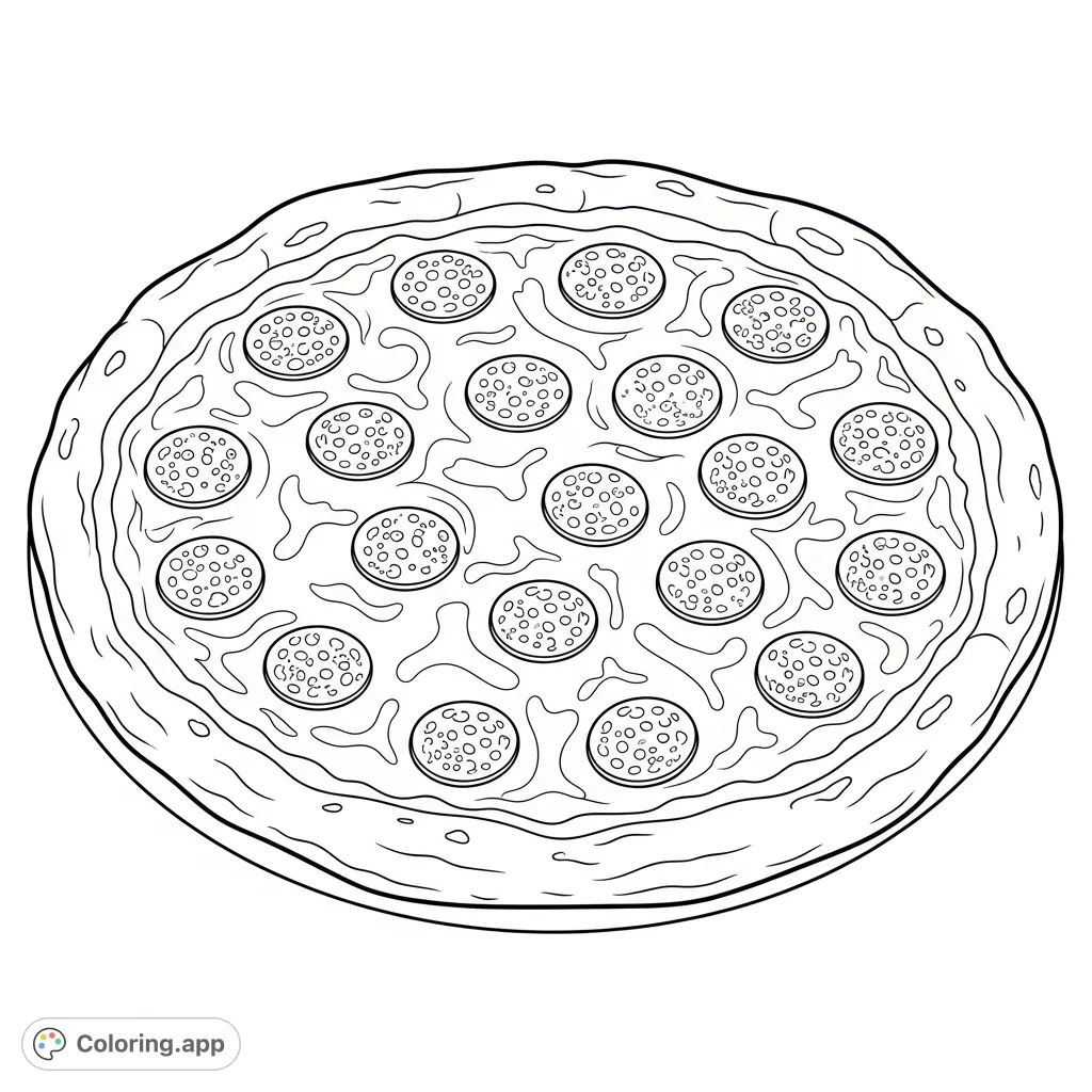 A tempting pepperoni pizza with a generous layer of cheese and a prominent, bubbly crust. Perfect for foodies and coloring enthusiasts of all ages.