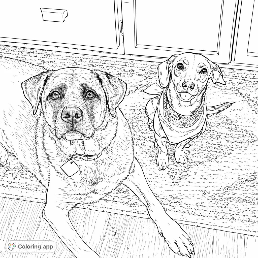 A delightful scene featuring a large dog lying down and a small dog sitting, both looking forward. The small dog wears a patterned bandana, adding a playful touch.