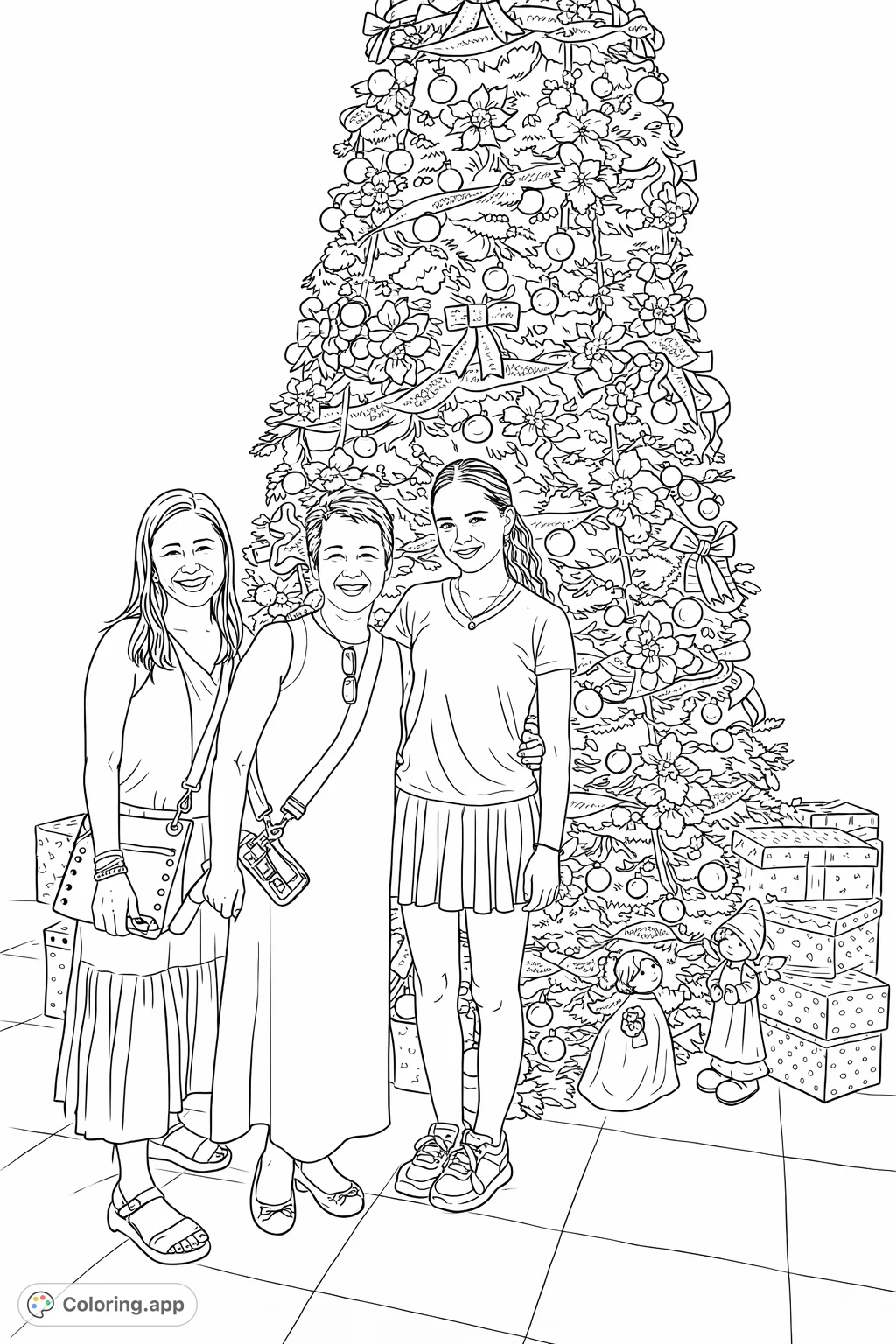 Capture a joyful family moment beside a magnificently decorated festive tree, surrounded by gift boxes and whimsical figures. A cheerful holiday coloring page.