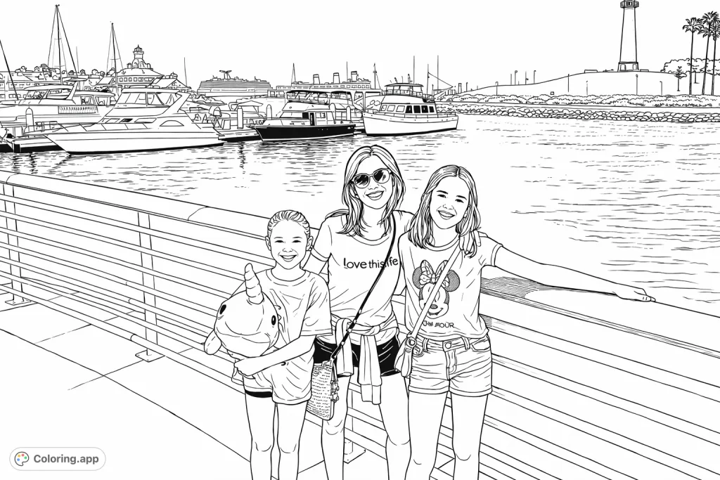 Capture a joyful family moment at a bustling marina with boats, a lighthouse, and scenic views. A detailed, engaging coloring experience for all.
