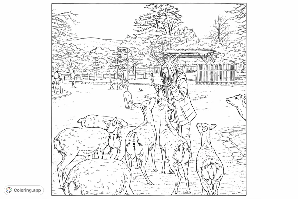 A heartwarming scene of a woman feeding friendly deer in a park, surrounded by nature and other visitors. A charming animal encounter coloring page.