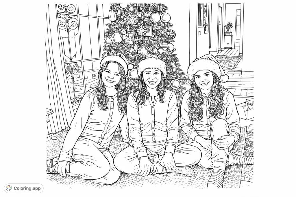 A heartwarming festive family scene featuring three individuals in pajamas and santa caps, seated before a beautifully decorated holiday tree and window.