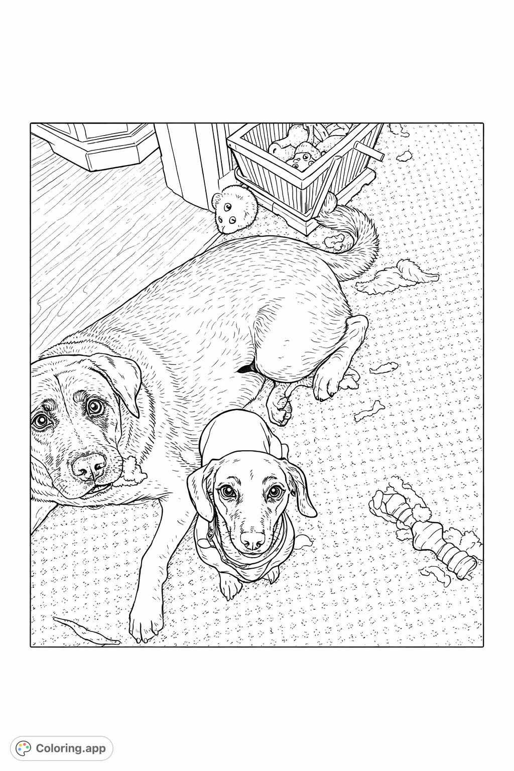 A heartwarming dog coloring page featuring a large, laid-back dog and a smaller, watchful pup surrounded by a fun, playful mess of toys and fluff.