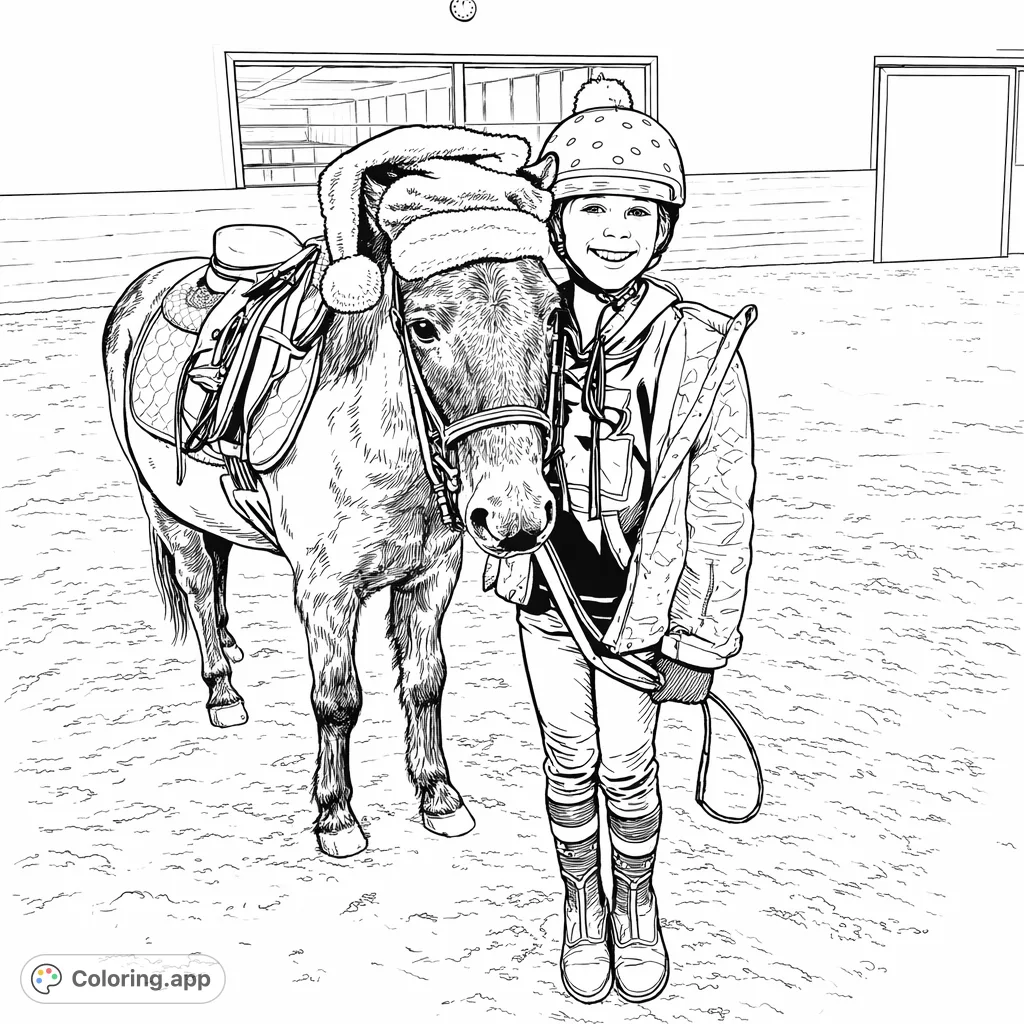A child and a pony celebrate the holidays, posing cheerfully with a festive hat. A delightful scene for all ages to color.