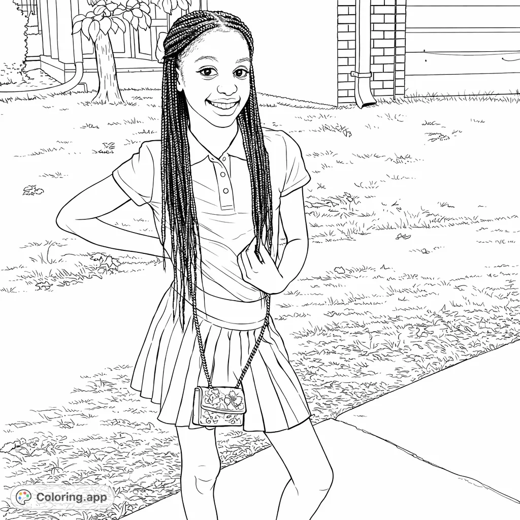 A cheerful girl in a pleated skirt and braided hair, standing outdoors with a decorative shoulder bag, ready for a fun day of coloring.