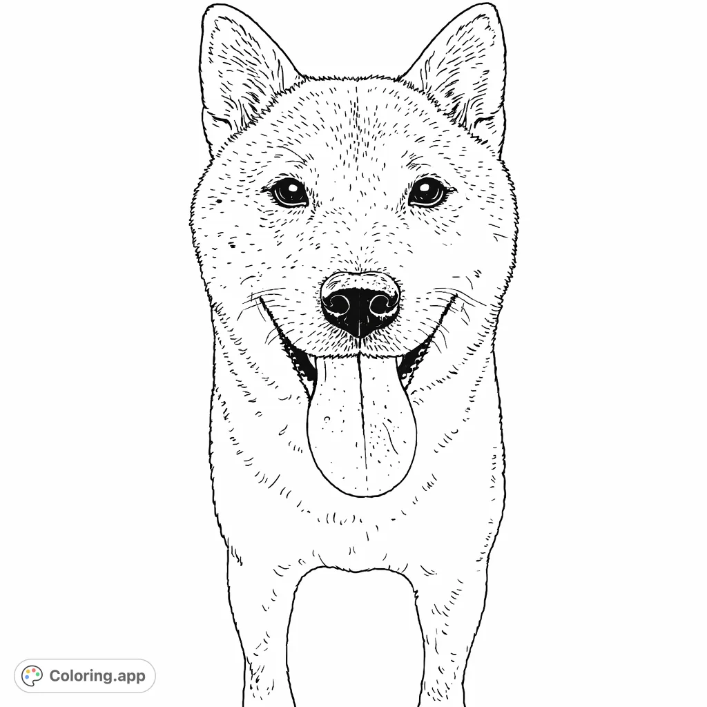 A cheerful Shiba Inu coloring page, featuring a friendly dog with its tongue out and a big smile. Perfect for dog lovers of all ages!