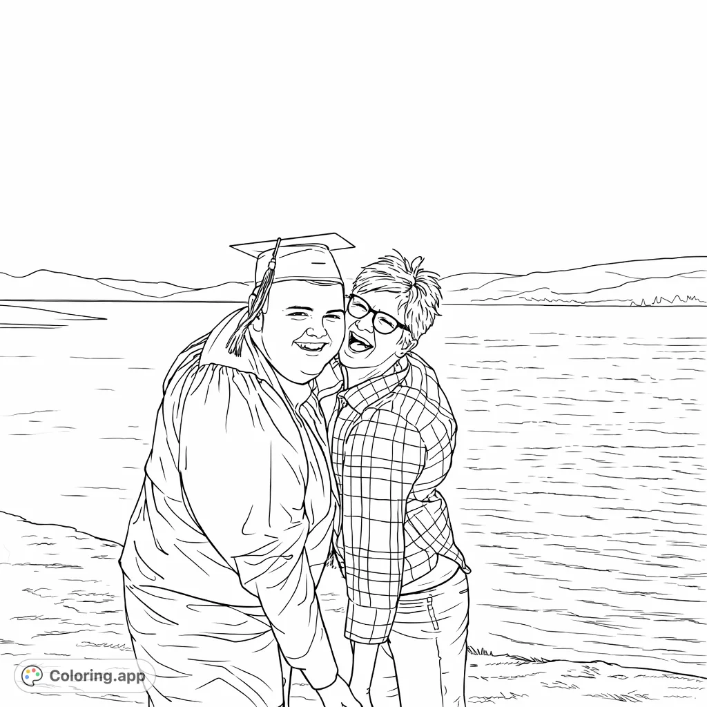 A heartwarming graduation coloring page depicting a joyous graduate embraced by a loved one, celebrating a milestone achievement by the water.