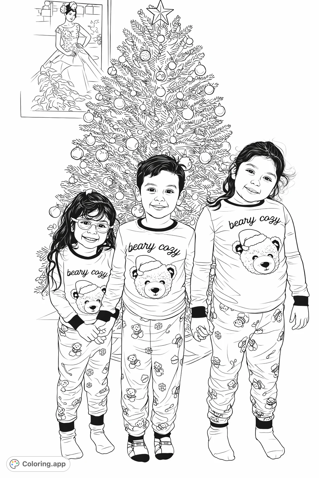 Three cheerful children in matching bear pajamas, smiling brightly in front of a festive Christmas tree adorned with lights and ornaments. A cozy holiday scene!