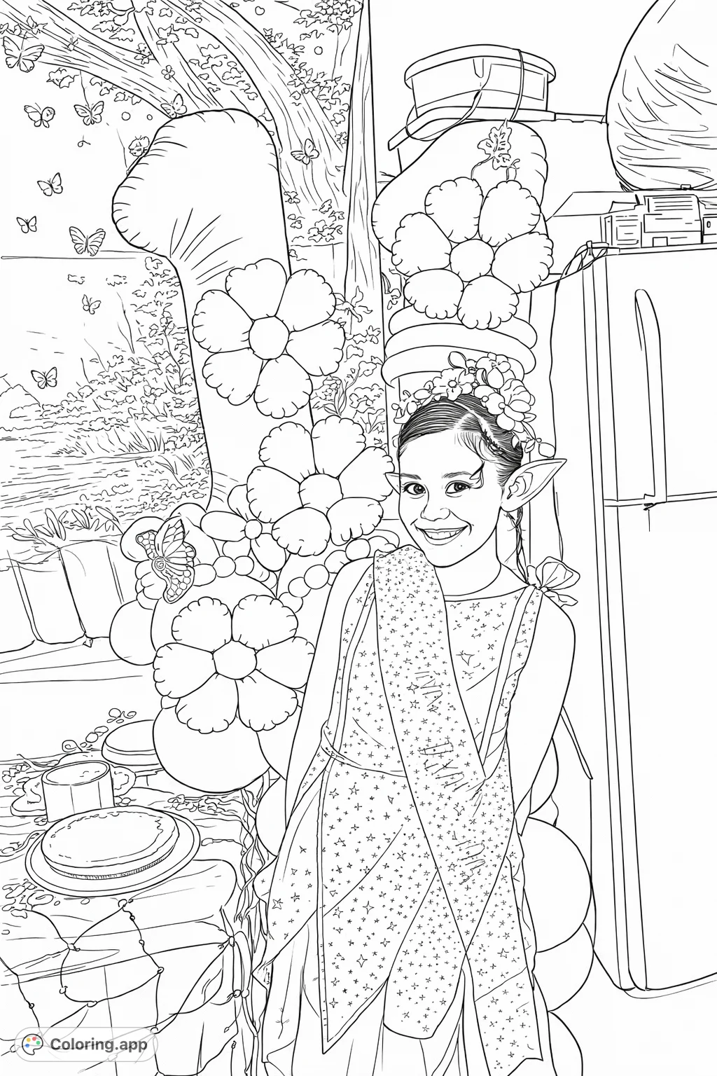 Capture the magic of a fairy celebration! This detailed coloring page features a charming fairy girl surrounded by festive balloons and an enchanted forest backdrop.