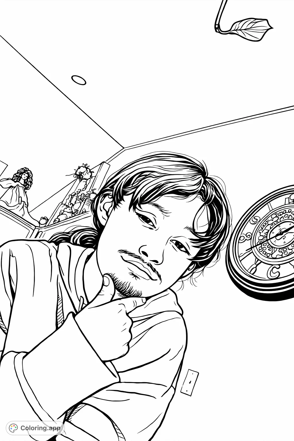 A fun coloring page featuring a person with a drawn-on mustache and beard, striking a thoughtful pose. A whimsical scene for creative expression.