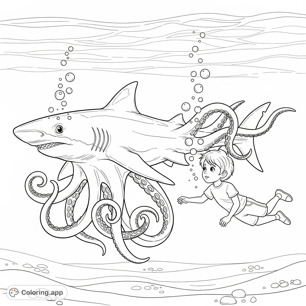 Dive into an exciting underwater world! A unique shark-octopus swims alongside a curious boy, surrounded by bubbles and marine details. Free printable coloring page.