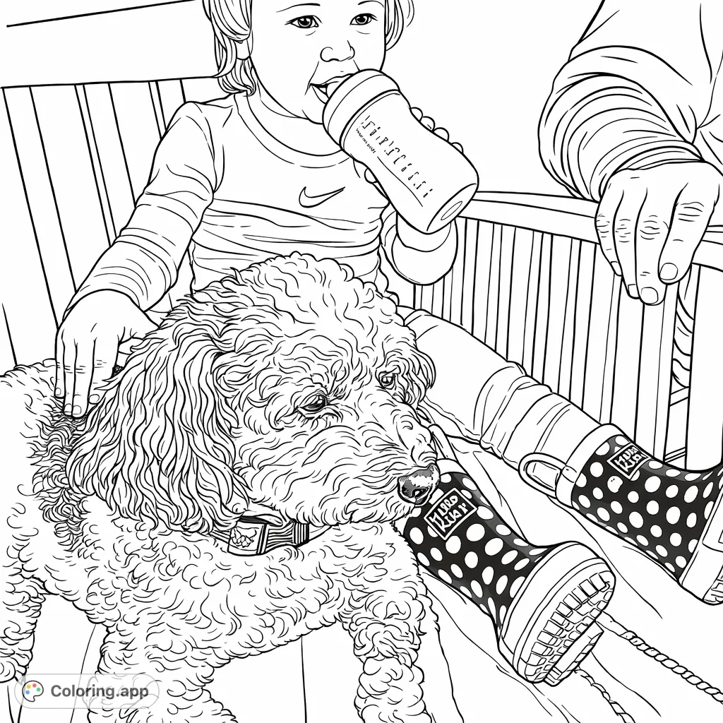 An endearing scene featuring a young child sharing a moment with a fluffy dog, complete with playful polka-dot boots and a cozy blanket. Perfect for creative relaxation.