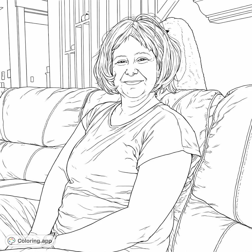 A cheerful woman with a unique wig sits on a comfy sofa, offering a delightful portrait for coloring fun and artistic expression.