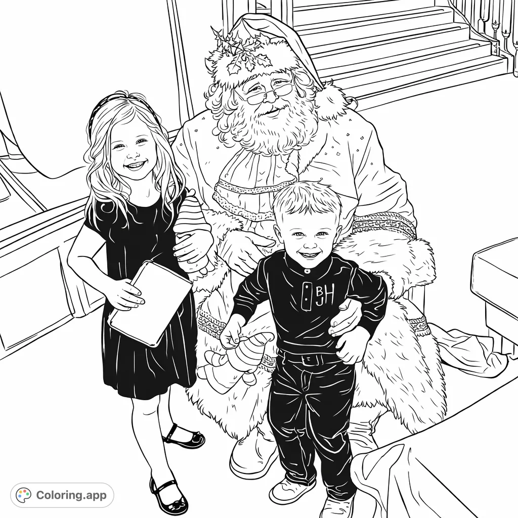 Capture holiday magic! A friendly festive figure poses with two happy children, each holding toys, against a cozy, detailed backdrop. Perfect for seasonal fun.