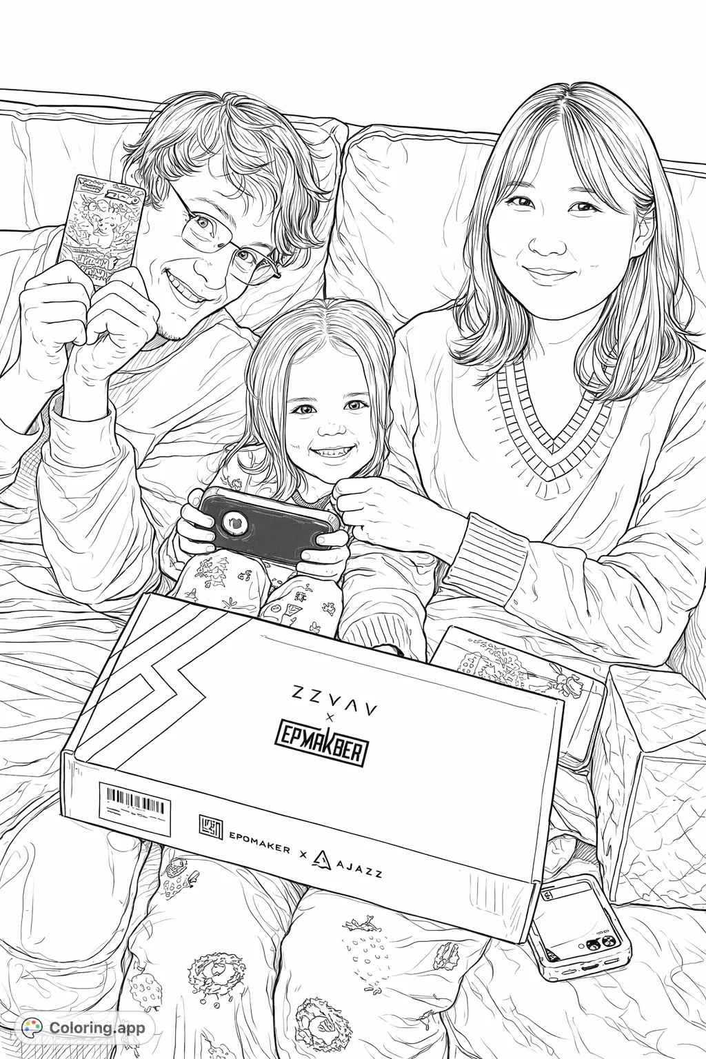 Capture a heartwarming family moment with this detailed coloring page featuring a joyous family, gifts, and a child's delight. Perfect for all ages.