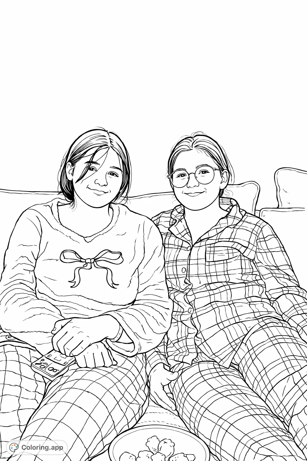 Two friends in patterned pajamas, sitting together for a cozy evening. A fun, free printable coloring page perfect for relaxation and creative expression.