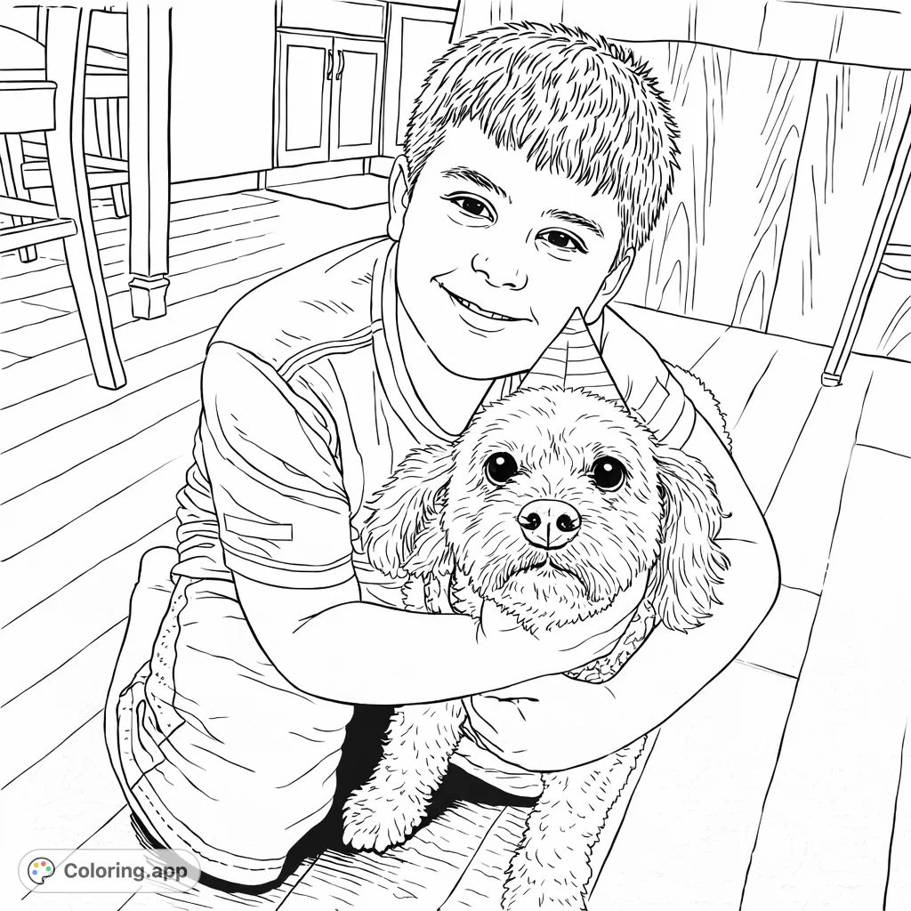 A joyful boy kneels, holding his furry dog companion, who is wearing a festive party hat and a decorative bandana. A heartwarming scene of friendship.